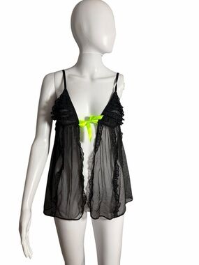 Victoria's Secret Black Sheer Lace Chemise with Neon Green Bow